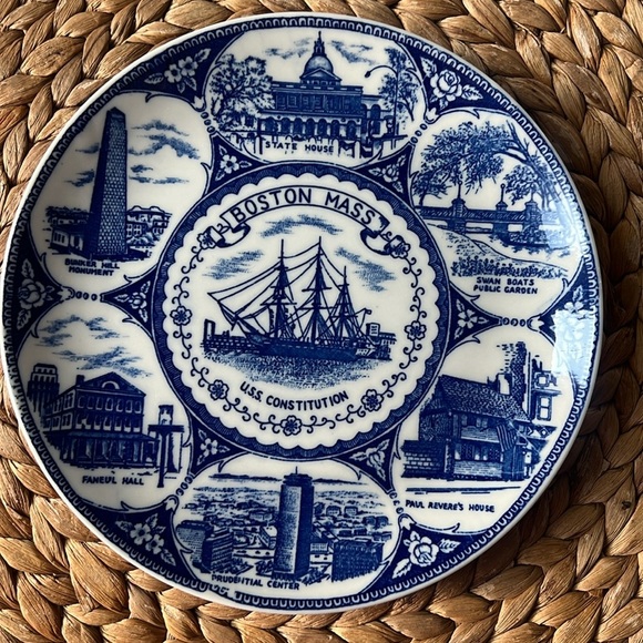 Old English Staffordshire Ware Other - Blue and White Decorative Plate Boston Mass USS